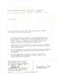 Letter attesting to the fact that 1,000 signatures were attached to a petition about the nuclear arms race
