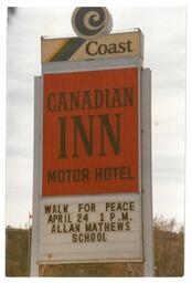 Sign at Canadian Inn for walk for peace