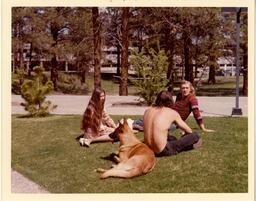 Students with dog enjoying Cariboo College campus