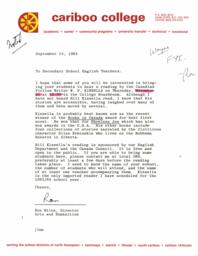 Invitation to hear W.P. Kinsella do a reading